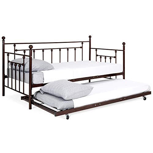 Best Choice Products Multifunctional Twin Sized Metal Guest Room Lounge Daybed Frame w/Trundle, Rounded Finials -Bronze