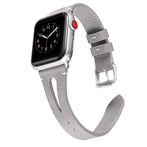 Secbolt Leather Bands Compatible with Apple Watch Band 38mm 40mm 41mm iwatch SE Series 8 7 6 5 4 3 2 1, Slim Strap with Breathable Hole Replacement Wristband Women, Grey