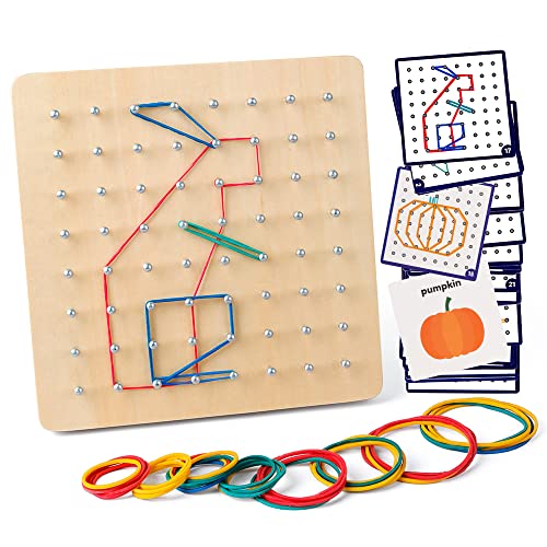 Coogam Wooden Geoboard Mathematical Manipulative Material Array Block Geo Board - Graphical Educational Toys with 24Pcs Pattern Cards and Rubber Bands Shape STEM Puzzle Matrix 8x8 Brain Teaser for Kid