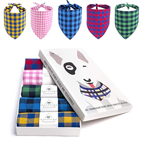 Dog Bandana Set with Plaid Printing - 5 Pack Dog Scarf with Unique Print, Washable and Adjustable Dog Bandanas for Small Medium or Large Dogs, Bonus E-Book Train Your Dog on Your Own