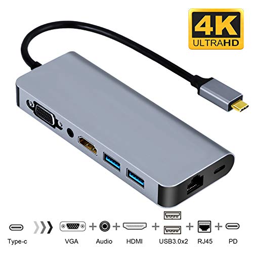 USB C to HDMI VGA Ethernet Adapter, Type C Hub with HDMI 4K RJ45 2 USB3.0 Audio and PD Charging Ports,Compatible with Samsung DeX for Galaxy S9/S8/Note 9/8,Nintendo Switch Adapter,MacBook/MacBook Pro