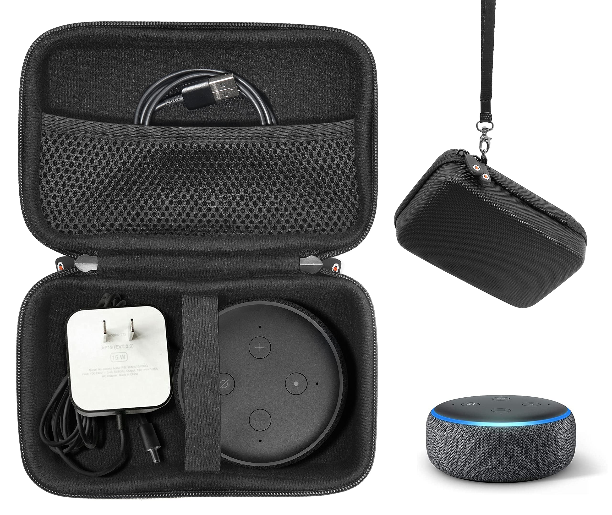 Book Cover WGear Carrying Case for Echo Dot 3rd Generation, all in one carrying and storage solution, strong EVA semi hard case with space for both Echo dot 3 and wall charger, mesh pocket for other accessories Black