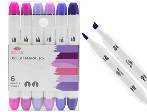 Professional Brush Tip Markers Set of 6 Purple Manga Markers for Drawing Sketching Illustration - Tones of Violet Lavender Purple Lilac
