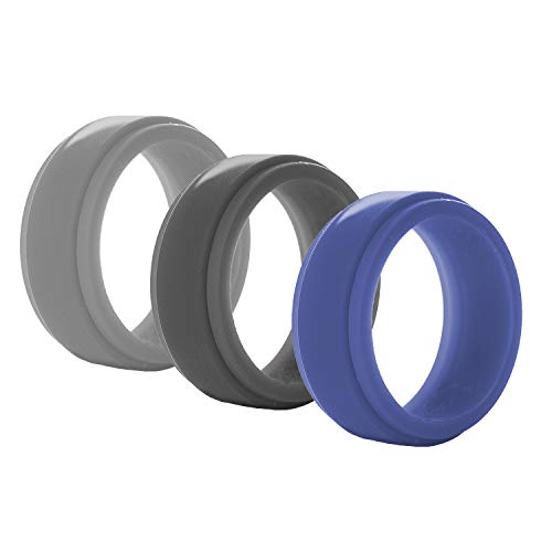 Book Cover Rubber Rings for Men - Step Edge Silicone Wedding Rings for Men - Rubber Wedding Bands, Flexible, Comfortable, Durable, Easily Replaceable/ 3 Pack Silicone Wedding Rings/Black, Grey & Blue - Size 8 /
