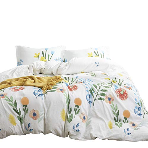 Wake In Cloud - Watercolor Comforter Set, Colorful Floral Leaves Flower Painting Pattern Printed, 100% Cotton Fabric with Soft Microfiber Inner Fill Bedding (3pcs, Twin Size)