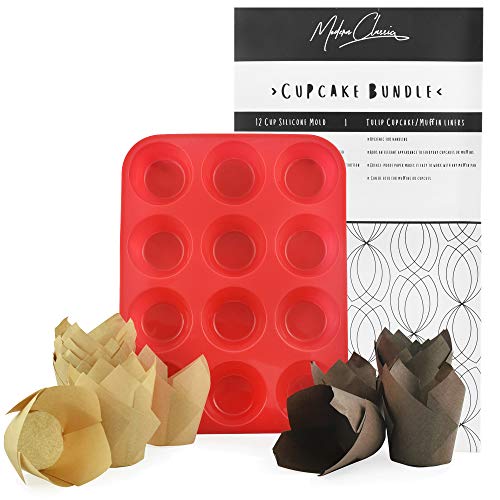 200 Tulip Cupcake Liners with 12-cup Silicone Cupcake Mold in a Giftable Box