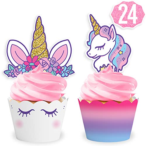 Book Cover xo, Fetti Unicorn Cupcake Toppers + Wrappers | Unicorn Party Supplies + Unicorn Birthday Cupcake Decorations - Set of 24
