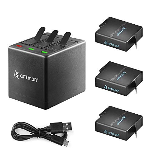 Artman GoPro Hero 5/6/7 1480mah Replacement Batteries (3 Pack) and 3-Channel LED USB Charger with Type-C Port for GoPro Hero 5 Black,Hero 2018, Hero 6,Hero 7 Black(Fully Compatible with Original)