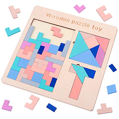 D-FantiX 3 in 1 Wooden Tetris Puzzle Tangram Puzzles T Jigsaw Intelligence Puzzle Game Iq Brain Teasers Blocks Fun Children Educational Toys for Kids