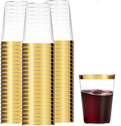 Munfix Gold Plastic Tumblers - 10 Oz Clear Cups with Gold Rim - Fancy Disposable Wedding & Party Cups