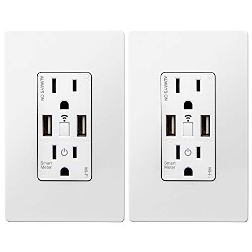 TOPGREENER Smart Wi-Fi In-Wall Tamper-Resistant Dual USB Charger Outlet, Energy Monitoring, Works with Amazon Alexa, Google Assistant, IFTTT, 15A Receptacle, No Hub Required, TGWF215U2AM, 2-Pack