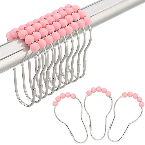 Book Cover Amazer Shower Curtain Hooks Rings, Stainless Steel Shower Curtain Rings and Hooks for Bathroom Shower Rods Curtains-Set of 12, Acrylic Pink