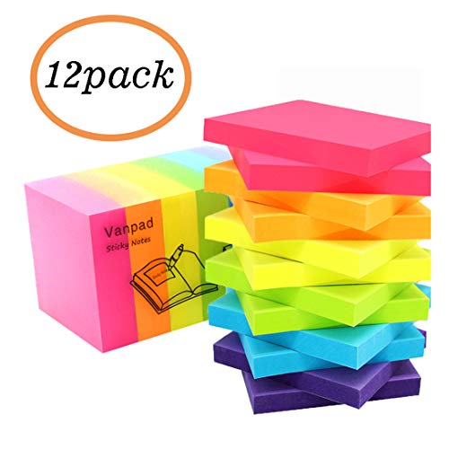 Vanpad Sticky Notes 3x3 Inches,Bright Colors Self-Stick Pads, Easy To Post for Home, Office, Notebook. 100 Sheets/Pad,12 Pads,1200 Sheet
