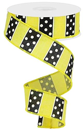 1.5" B & W Polka Dot Stripes Ribbon: Yellow (10 Yards) Yellow Black White Polka Dot Wired Ribbon RG0196729