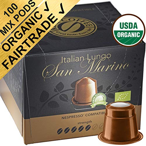 Organic Variety Pack: 100 Nespresso Compatible Capsules. Organic Fairtrade Pods