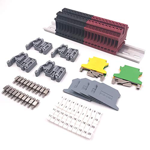 Erayco DIN Rail Terminal Blocks Kit, 20PCS UK2.5B Terminal Blocks 12 AWG Gauge 20A 600V, 2PCS Ground Blocks, 4PCS Jumpers, 4PCS End Stopper, 4PCS End Covers, 4PCS Marker Strip, 1PCS 8" Aluminum Rail
