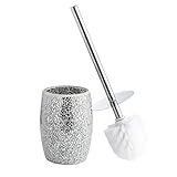 WHOLE HOUSEWARES Modern Toilet Brush Set (Silver) - Glass Mosaic Bathroom Accessory with Sturdy Bristles and Holder