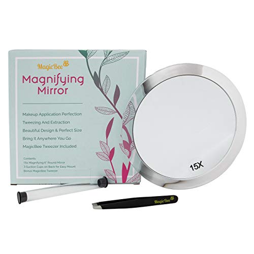 MagicBee 15x Magnifying Mirror w/Tweezers - Premium Quality | Great for Makeup | Natural Beauty Essential | Eyebrow and Eyelash Removal | Travel | White | Stainless Steel | Handheld | Round