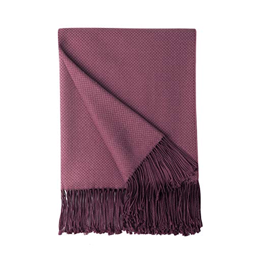 Book Cover BOURINA Herringbone Two Tone Throw Blanket Faux Cashmere Fringe Soft Lightweight Cozy for Bed Couch Decorative Throws Blanket, Burgundy, 50