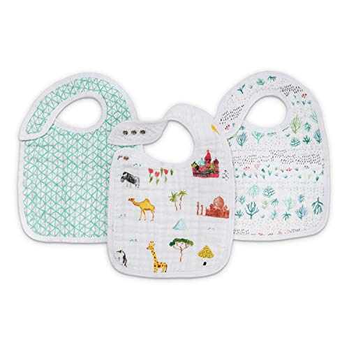 aden + anais Classic Snap Bib, 100% Cotton Muslin, Soft Absorbent 3 Layers, Adjustable, 9” X 13”, 3 Pack, Around The World