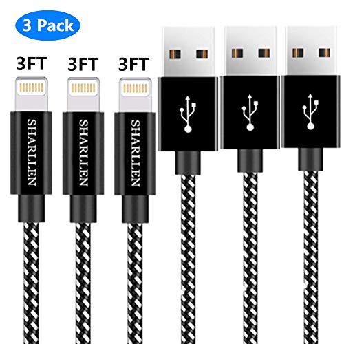 Sharllen MFi Certified iPhone Charging Cable 3 Pack 3FT Nylon Braided Fast USB Charging&Syncing Cord Cell-Phone Charging Cable Compatible iPhone Charger XS/Max/XR/X/8P/8/7/7P/6/iPad/iPod(Black-3FT)