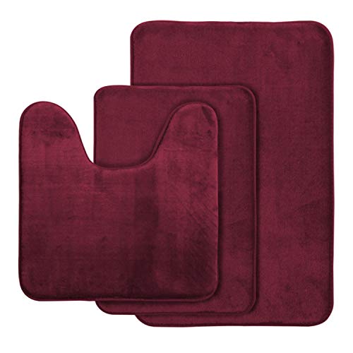 AOACreations Memory Foam Bath Rug, Bathroom Mat Set of 3, Soft, Plush, Absorbent, Low Pile, Non-Slip, Includes 1 Large 20" x 32", 1 Contour 20" x 20", 1 Small 16" x 24" (Burgundy)