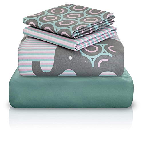 Book Cover Chital Unisex Twin Bed Sheets | 4 Pc Gender Neutral Kids Bedding Set | Baby Elephant Print | 1 Flat & 1 Fitted Sheet, 2 Pillow Cases | Durable Super-Soft, Double-Brushed Microfiber | 15â€ Deep