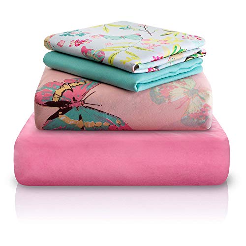 Book Cover Chital Twin Bed Sheets for Girls | 4 Pc Colorful Kids Bedding Set | Pink Decorative Butterfly Print | Durable Super-Soft, Double-Brushed Microfiber | 1 Flat & 1 Fitted Sheet, 2 Pillow Cases | 15