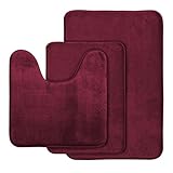 AOACreations Memory Foam Bath Rug, Bathroom Mat Set of 3, Soft, Plush, Absorbent, Low Pile, Includes 1 Large 20" x 32", 1 Contour 20" x 20", 1 Small 16" x 24" (Burgundy)