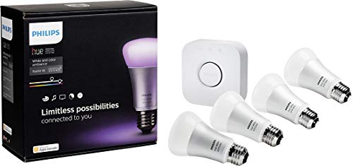 Book Cover Philips 456194 Hue White and Color Ambiance Starter Kit, 4 A19 Bulbs and 1 Bridge, (2nd Generation), Compatible with Alexa and Apple Homekit (Renewed)