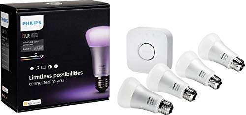 Philips 456194 Hue White and Color Ambiance Starter Kit, 4 A19 Bulbs and 1 Bridge, (2nd Generation), Compatible with Alexa and Apple Homekit (Renewed)