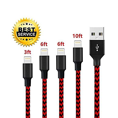 ONLINER Phone Charger,4Pack 3FT 6FT 6FT 10FT Extra Long High-Speed Nylon Braided Cable Compatible with Phone XsMAX/XS/X/8/7/7 Plus/6/6 Plus/6S/6S Plus, SE/5S/5 and More (Black Red)