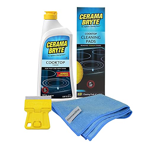 Cerama Bryte Cooktop Cleaning Supplies Bundle - Includes:18 Oz Glass Ceramic Cooktop Cleaner, 10 Pack Cooktop Cleaning Pads, 1 Mini Razor Scraper,1 EkommersShop Streak Free Microfiber Towel