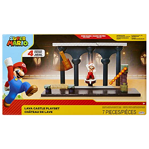 SUPER MARIO Nintendo Lava Castle Deluxe Play Set, Includes: 2.5â€ Fire Mario Figure & Mechanical Features, Spinning Fireballs Tower, Swinging Pendulum, Bone Lift & Bridge