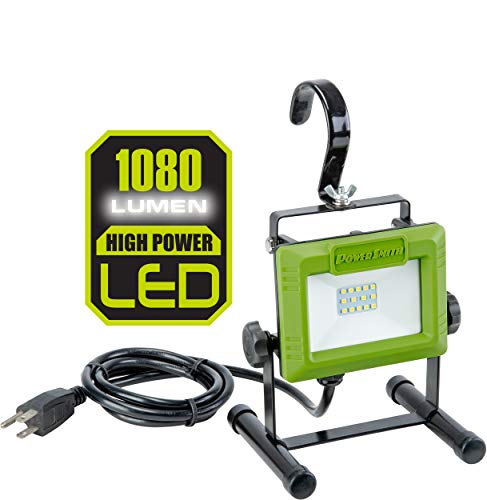 PowerSmith PWL110S 1080 Lumen LED Weatherproof Tiltable Portable Work Light with Large Adjustable Metal Hook, 360Â° Tilt, Metal Stand, Impact-Resistant Glass Lens, and 5' Power Cord , Green