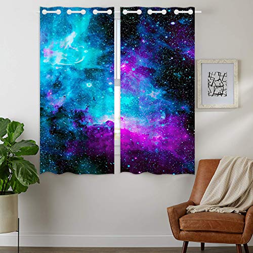 HommomH 28 x 48 inch Curtains (2 Panel) Grommet Top Darkening Blackout Room Nebula Galaxy Blue