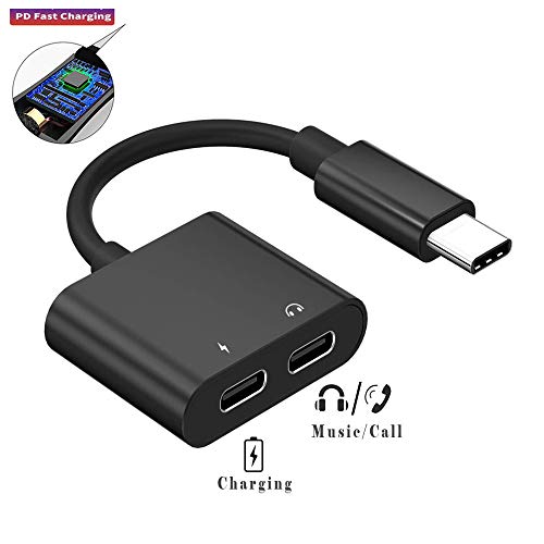 ACCGUYS Dual Type C Audio Adapter - 2 in 1 USB C to 2X USB C Headphone Jack Adapter with Fast Charging Compatible with Pixel 3 3XL 2 2XL, Huawei 10 Pro/P20/P20 Pro and More,Type C Adapter with DAC