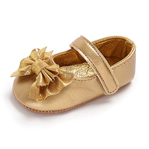 ENERCAKE Infant Baby Girls Mary Jane Flats Non-Slip Soft Soled Toddler First Walkers Crib Shoes Princess Dress Shoes(12-18 Months Toddler, A1-Gold)