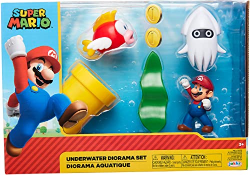 Nintendo Super Mario Underwater 2.5" Figure Diorama Play Set, Includes: Mario, Cheep-Cheep, Blooper, Mechanical Warp Pipe, Spinning Water Plant & Two Coins