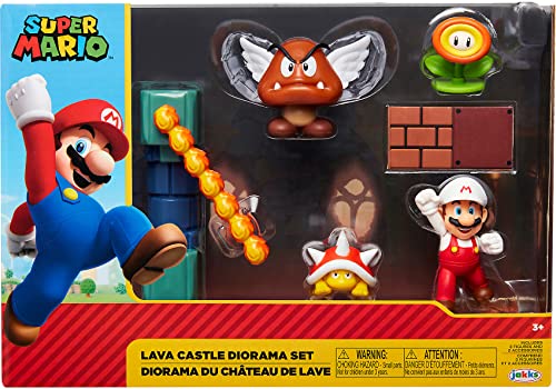 SUPER MARIO Nintendo Lava Castle 2.5" Figure Diorama Play Set, Includes: Fire Mario, Spiny, & para Goomba, Mechanical Spinning Fireballs, Block & Fire Flower