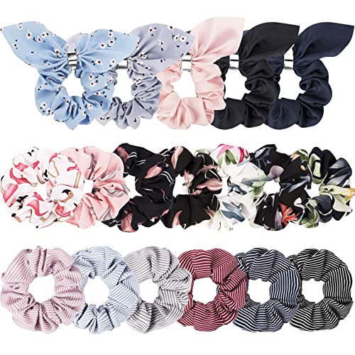 Jaciya 18 Pack Women's Hair Scrunchies Chiffon Flowers Elastic Hair Bands Scrunchy Hair Ties Ropes Scrunchie Hair Scrunchies Hair Chiffon Ponytail Holder, 18 Pieces Chiffon Scrunchies 12 Pack and Scrunchies with Bow 6 Pack