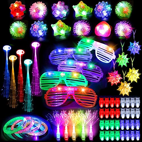 MIBOTE 83Pcs Led Light Up Toys Party Favors Glow in the Dark Party Supplies for Kid/Adults Halloween with 50 Finger Lights, 8 Jelly Rings, 5 Flashing Glasses, 5 Bracelets, 5 Fiber Optic Hair Lights and 5 Crystal Necklaces