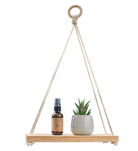 Kuratere Bamboo Hanging Wall Shelf - Indoor BoHo Plant Shelf - Macrame Rope 12 Inch Eco Friendly Wooden Floating Shelves for Organized Bedrooms, Living Rooms, Closets or Bathrooms