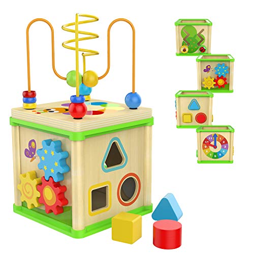 Book Cover TOP BRIGHT Wooden Activity Cube - 1 Year Old Shape Shorter Bead Maze Toy Educational Baby Gifts for One Year Old Boys and Girls Small Size