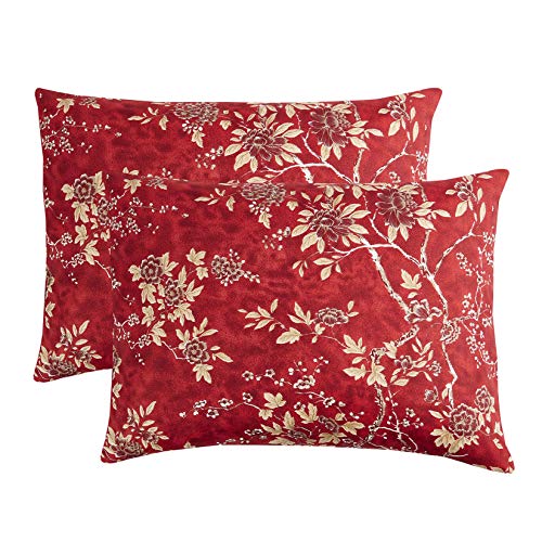 Book Cover Wake In Cloud - Pack of 2 Pillow Cases, Red Vintage Floral Flowers Pattern Printed Soft Microfiber Pillowcases (King Size, 20x36 Inches)
