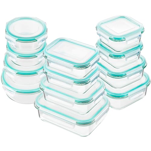 Bayco Glass Food Storage Containers with Lids, [24 Piece] Glass Meal Prep Containers, Airtight Glass Bento Boxes, BPA Free & Leak Proof (12 lids & 12 Containers) - Blue