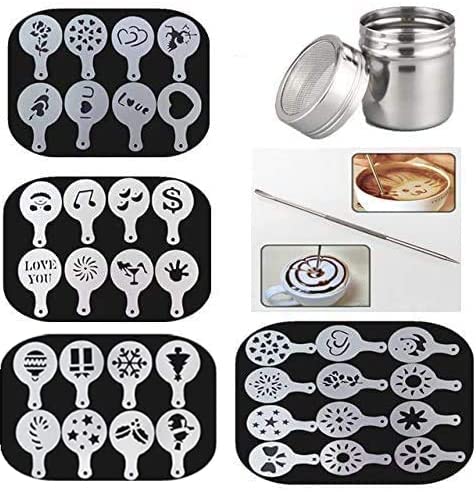 36 Coffee Decorating Stencils + 1 Stainless Steel Mesh Powder Shaker + 1 Coffee Latte Art Pen, Magnoloran Foam Latte Art Stencils Barista Templates for Oatmeal Cupcake Cake Cappuccino Mousse Chocolate
