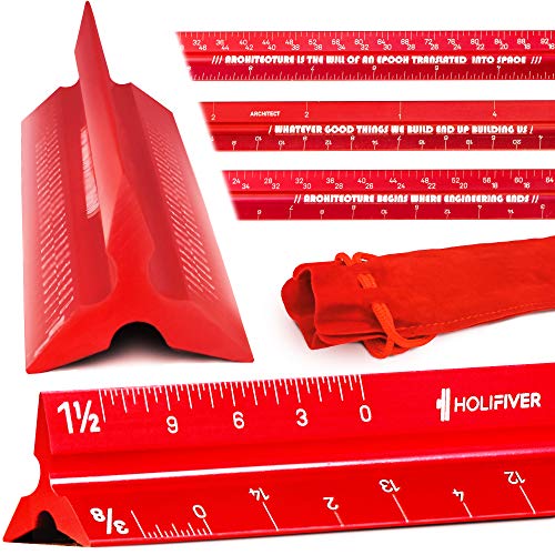 HoliFiver Architectural Scale Ruler, 12'' Triangular Architect Scale (Imperial), Laser-Etched Aluminum Scale Ruler Red for Architects, Students and Engineers, Scale Ruler for Blueprint, Drafting
