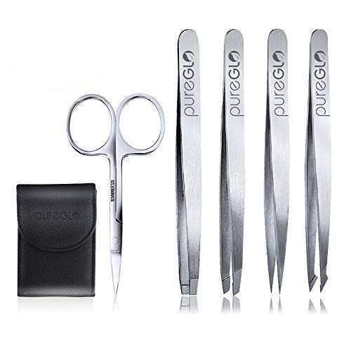 Tweezers Set 5-piece - pureGLO Professional Stainless Steel Slant and Pointed Tip Tweezer and Scissors Set - Best Precision for Eyebrow, Ingrown Hair, Splinter, Blackhead and Eyelash Extensions