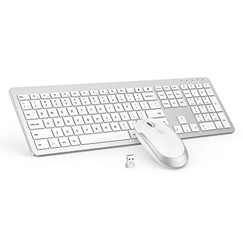 Book Cover Wireless Keyboard and Mouse Combo - Full Size Slim Thin Wireless Keyboard Mouse with Numeric Keypad 2.4G Stable Connection Adjustable DPI - White & Silver